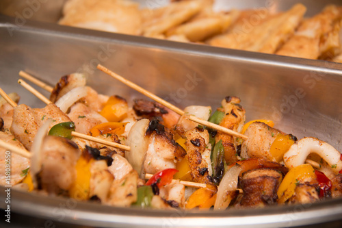  BBQ with chicken meat skewers with  peppers