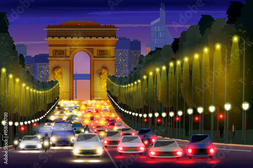 City nightlife of Champs Elysees Street Paris, France