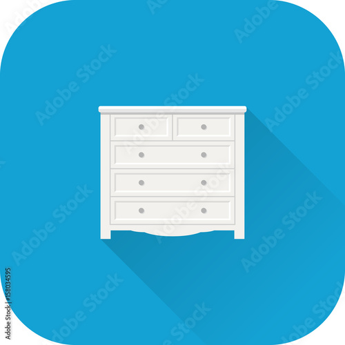 Chest of drawers icon. Vector. Flat design with long shadow. White bureau isolated on blue background. Furniture for bedroom.