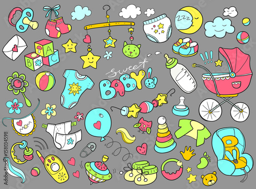 Newborn infant themed doodle set. Baby care, feeding, clothing, 