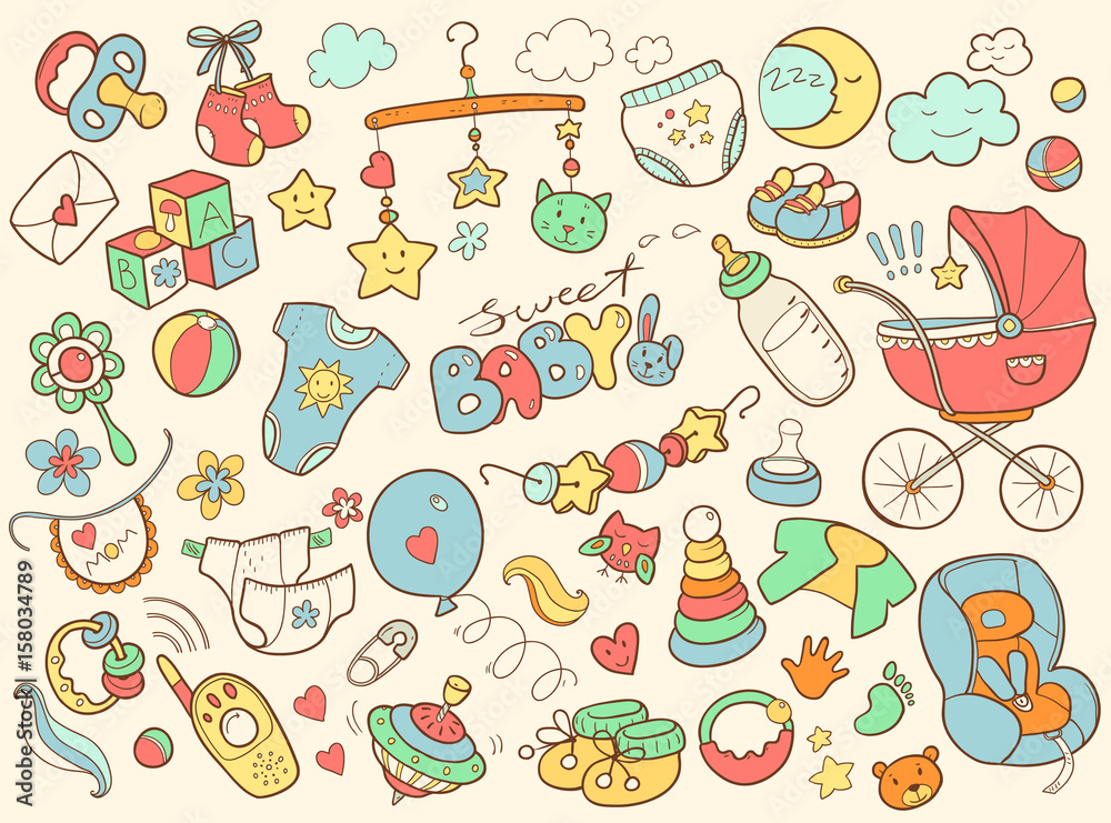 Newborn infant themed doodle set. Baby care, feeding, clothing, Newborn infant themed doodle set. Baby care, feeding, clothing,