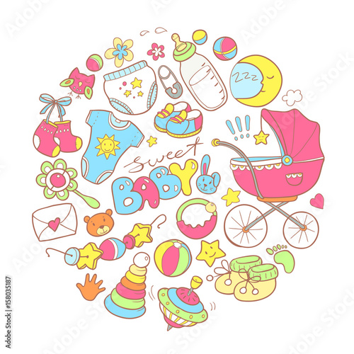 Newborn infant themed doodle round illustration. Baby care, feed