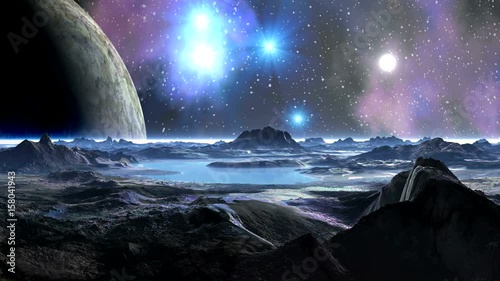 A Huge Moon in the Sky Alien Planet. The huge planet (moon) rotates slowly. On the dark sky bright blue stars, colorful nebula and the sun. On the horizon a white fog.