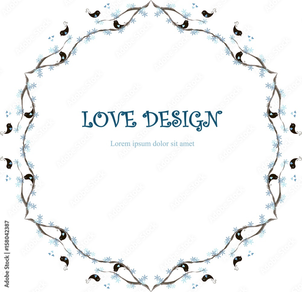 Round loving design, Lorem Ipsum background. Painting blue snowflakes, black loving birds on branches, hearts on white. Stock vector illustration for wedding design Round loving design, Lorem Ipsum background. Painting blue snowflakes, black loving birds on branches, hearts on white. Stock vector illustration for wedding design
