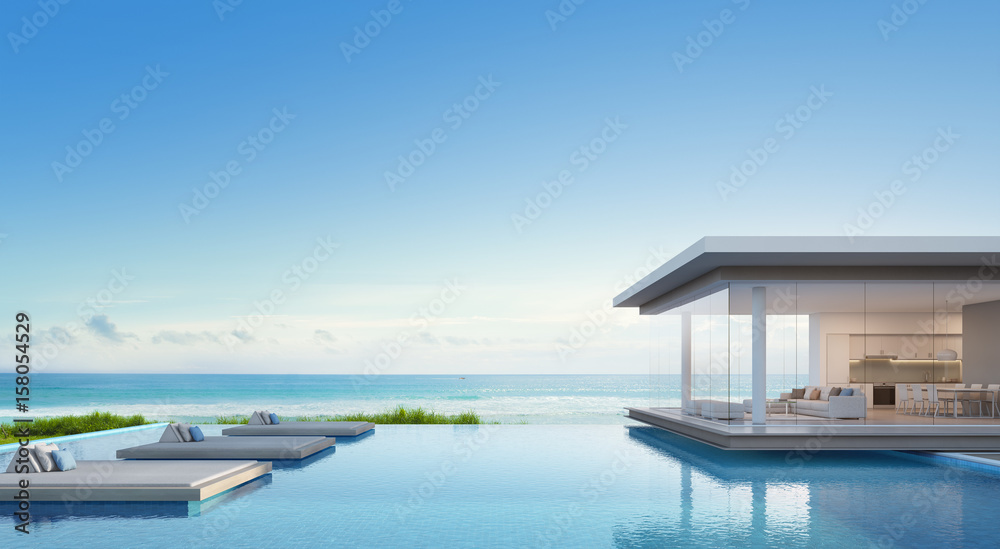 Luxury beach house with sea view swimming pool in modern design, Vacation home for big family - 3d rendering of residential building Luxury beach house with sea view swimming pool in modern design, Vacation home for big family - 3d rendering of residential building