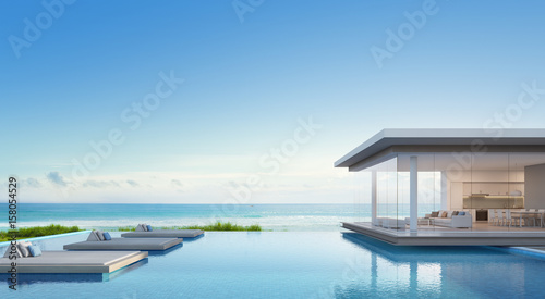 Luxury beach house with sea view swimming pool in modern design, Vacation home for big family - 3d rendering of residential building © terng99