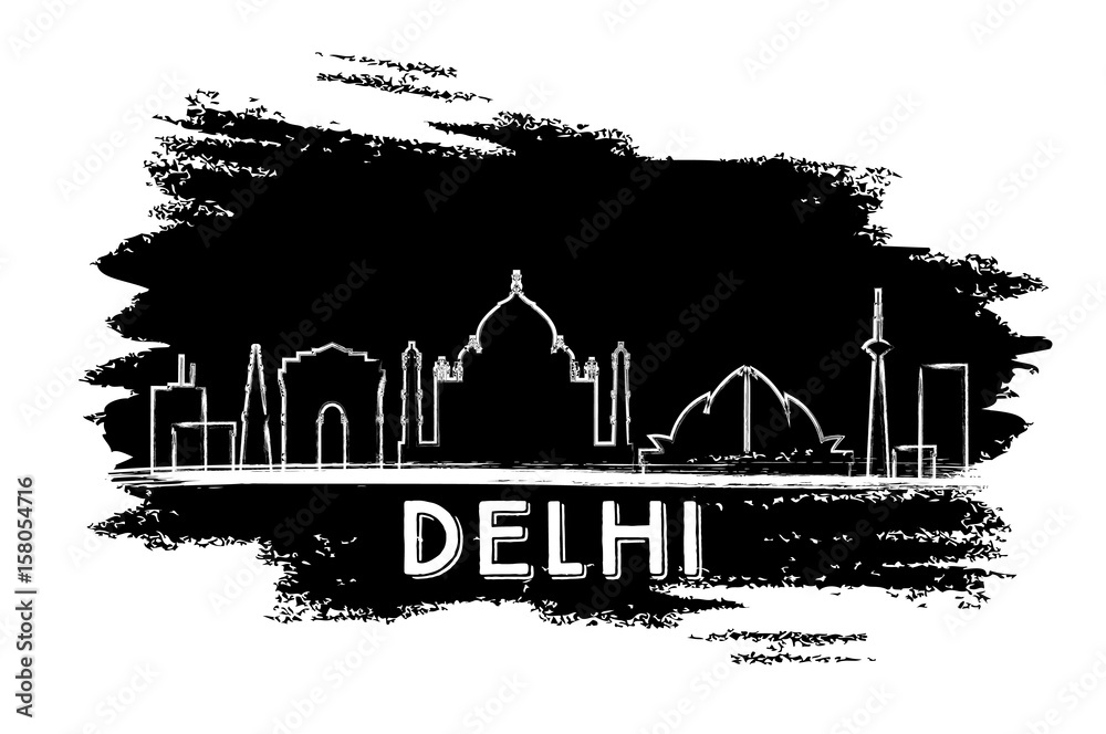 Delhi Skyline Silhouette. Hand Drawn Sketch.