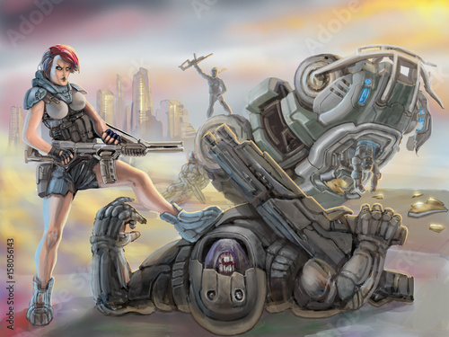 Φωτογραφία Partisan girl in armor stands over defeated stranger alien
