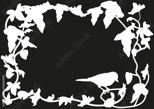 Frame of a great tit sitting on an ivy branch in white on a black background.