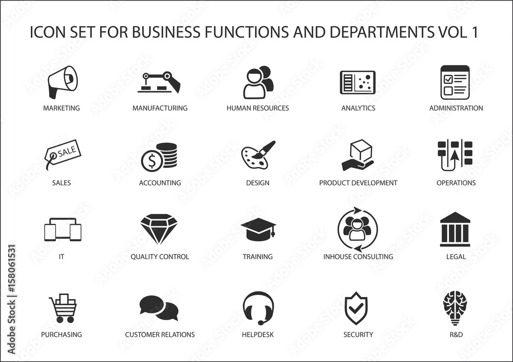Various business functions and business department vector icons like ...