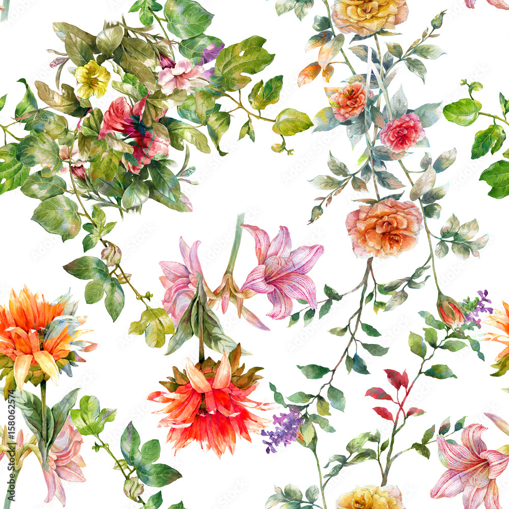 Watercolor painting of leaf and flowers, seamless pattern on white background Watercolor painting of leaf and flowers, seamless pattern on white background