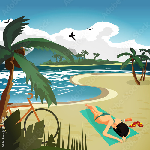 Sea landscape summer tropical private beach. A young woman came by bicycle and sunbathing on the sand alone. Vector flat cartoon illustration