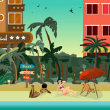 Tropical beach in the resort town with hotels. Women in a bikini sunbath on the beach. Flat vector cartoon illustration