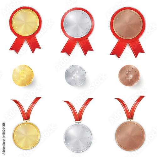 Set of gold, silver and bronze award medals with red ribbons. Set of gold, silver and bronze coins. Color realistic 3d Rosette set. Place for text.