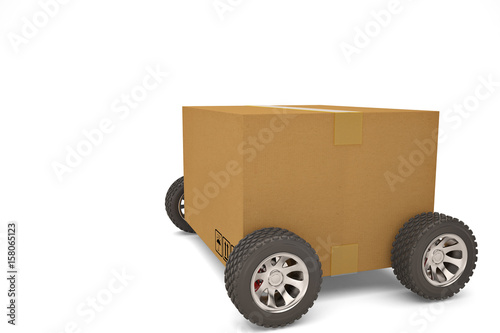 Cardboard box with wheels shipping concept.3D illustration