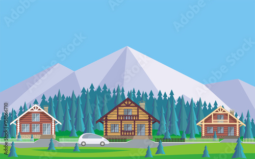 The image of the cottage settlement against the background of the coniferous forest and mountains. Beautiful summer landscape. Vector background.