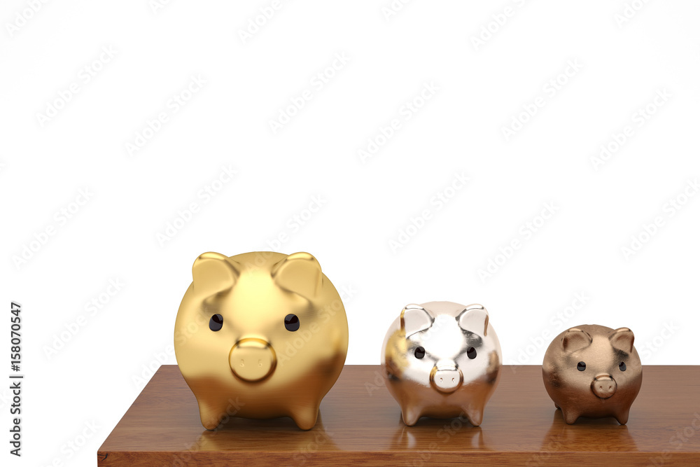 Gold silver copper three piggy bank on the wood board.3D illustration Gold silver copper three piggy bank on the wood board.3D illustration