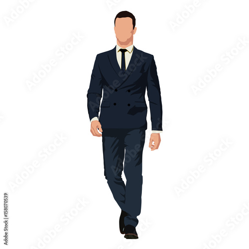 Business man in dark blue suit goes forward, isolated vector illustration