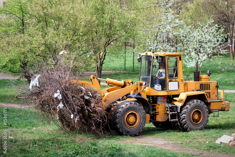 A tractor with a clamp instead of a bucket cleans away garbage, branches, waste A tractor with a clamp instead of a bucket cleans away garbage, branches, waste