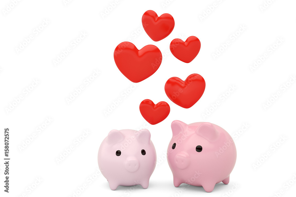 Two piggy bank with red hearts.3D illustration Two piggy bank with red hearts.3D illustration