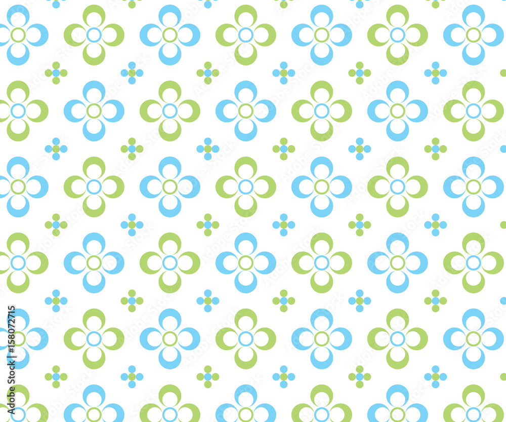 A seamless pattern of simple flowers with alternating green and blue colors