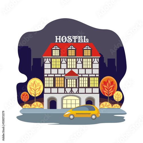 Hostel in the historical center of large European cities. Vector illustration.