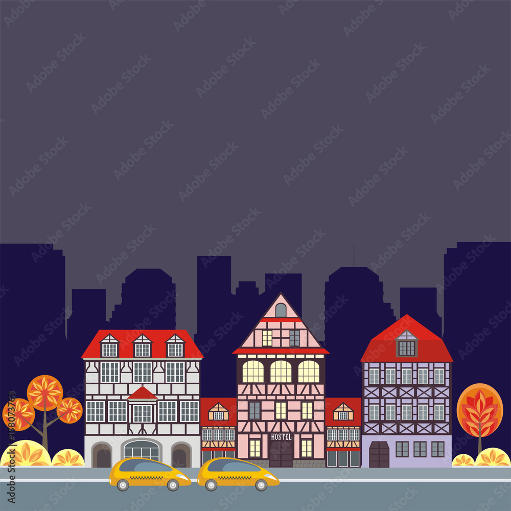 Hostel in the historical center of large European cities. Vector illustration.