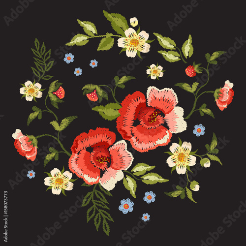 Embroidery traditional folk pattern with red roses and strawberry. Vector embroidered floral bouquet template with flowers and berry for clothing design.