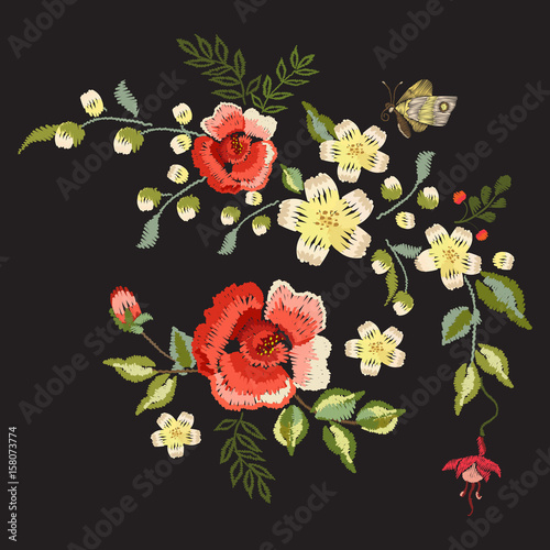 Embroidery traditional folk pattern with red roses. Vector embroidered floral bouquet template with flowers and butterfly for clothing design.