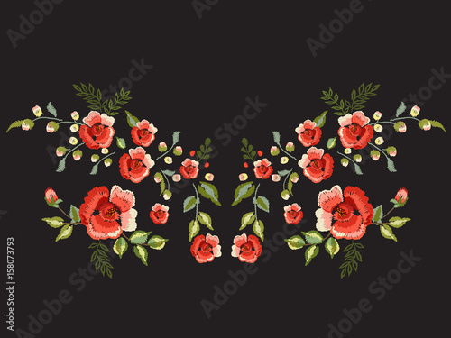 Embroidery traditional folk neck line pattern with red roses. Vector embroidered floral bouquet template with flowers and butterfly for clothing design.