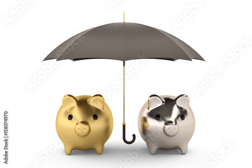 Two piggy bank under umbrella.3D illustration