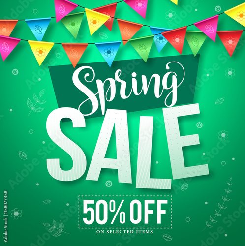 Spring sale vector design with hanging colorful streamers of flowers and leaves in green background for store seasonal promotion. Vector illustration.
