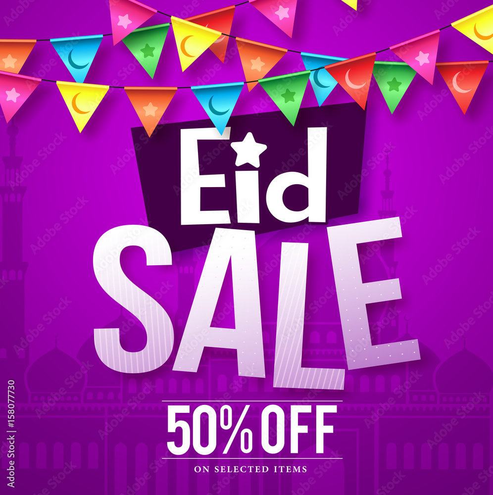 Eid sale vector design in purple background with mosque and hanging