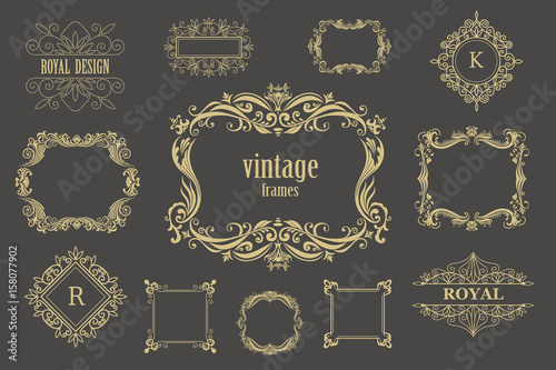 Set of vector vintage floral frames and line monograms.