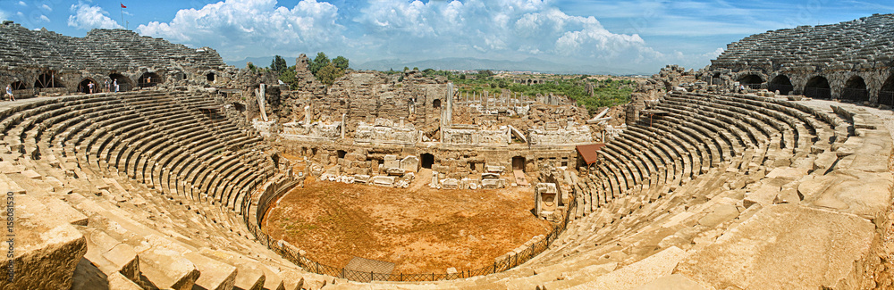 Panoramic view of the amphitheater in Side Ancient City, in Antalya