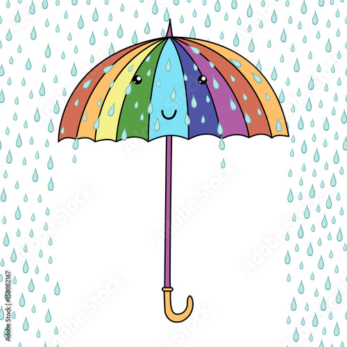 Cute cartoon smiling umbrella with face. Rainfall. Emoji.