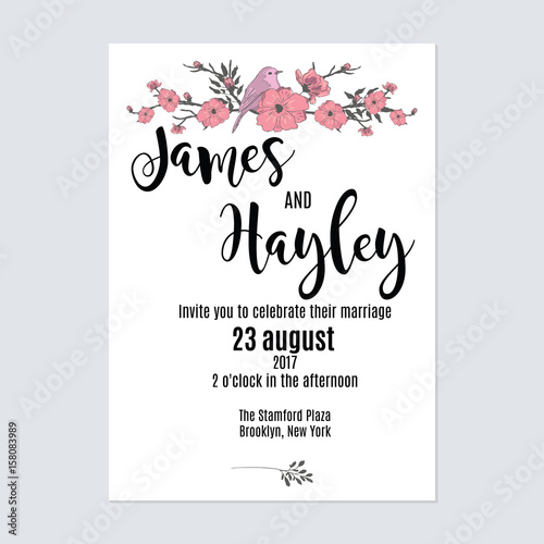 Cute minimalist with flowers and a bird floral wedding invitation card template vector