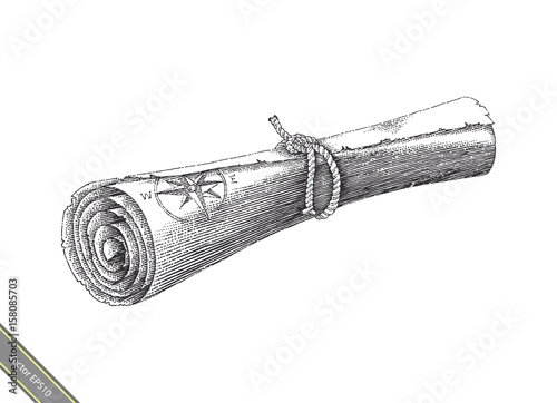 Vintage roll map hand drawing engraving style,Antique drawing map