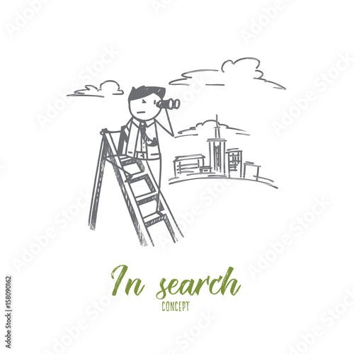 Vector hand drawn In search concept sketch. Man standing at ladder and looking from binoculars afar