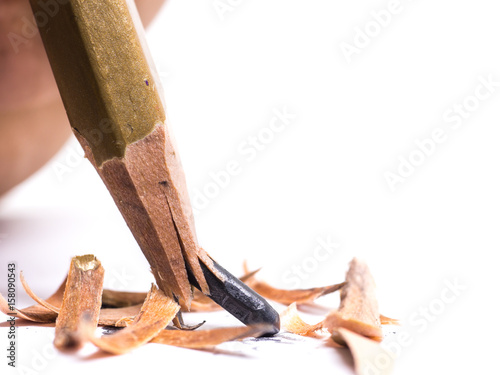 Closeup pencil with a broken tip on white  background
