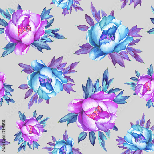 Floral seamless pattern with flowering pink and blue  peonies, on gray background. Watercolor hand drawn painting illustration.  Pop-art style, isolated. Design for fabric, wrap paper or wallpaper. 
