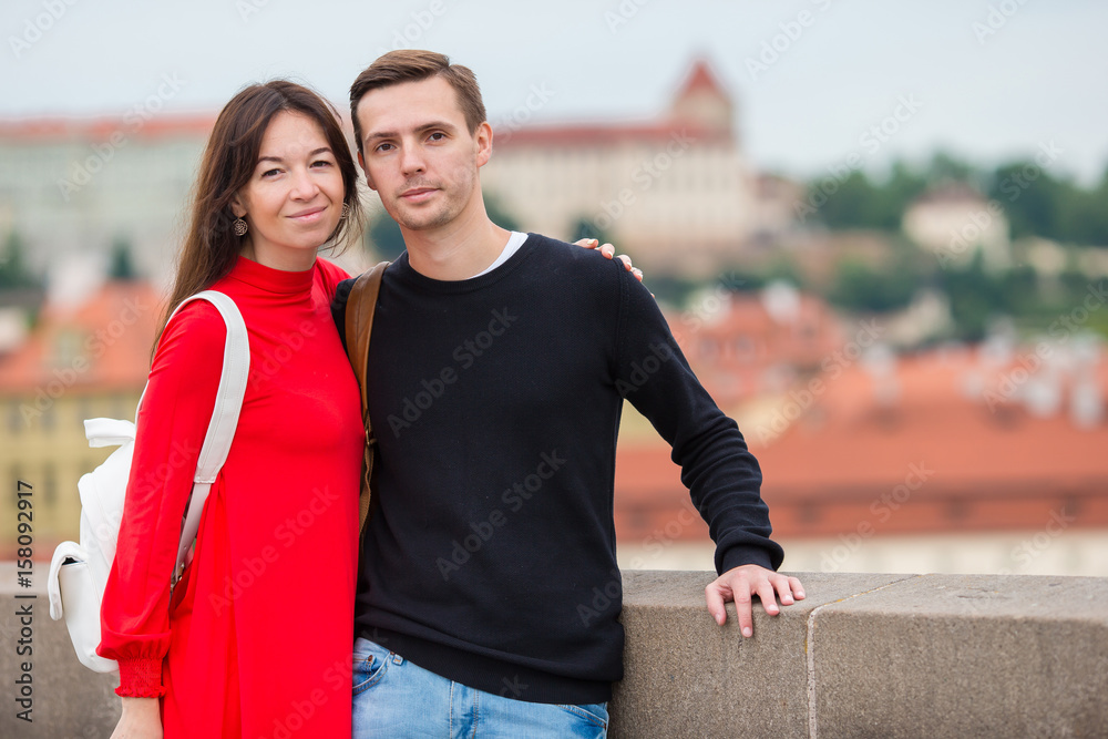 Romantic couple enjoy holidays in Europe. Happy family enjoying vacation on their honeymoon