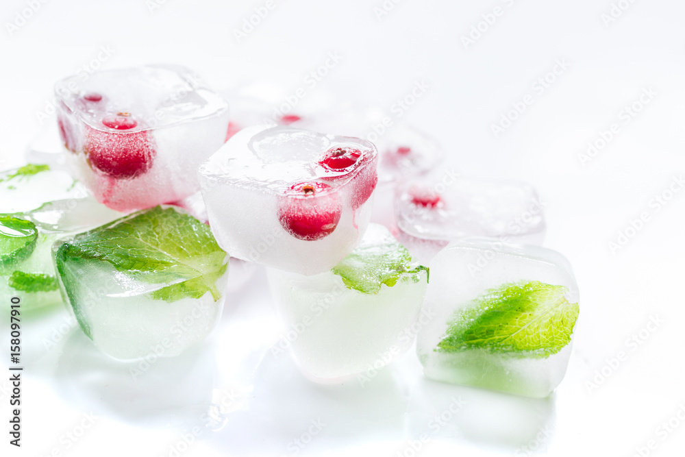 mint and red berries in ice cubes white background mint and red berries in ice cubes white background