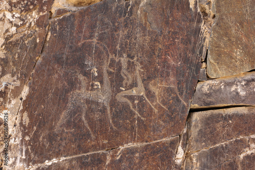 ancient rock drawings, deers and human, hunting photo