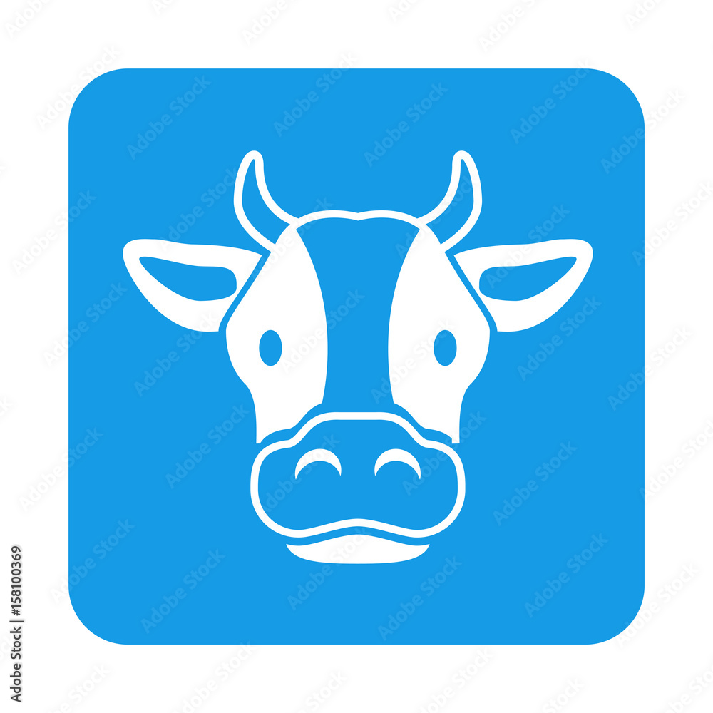 Icono plano cabeza vaca en cuadrado azul