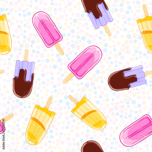 Seamless sweet pattern with popsicles in cartoon style on polka dot background.