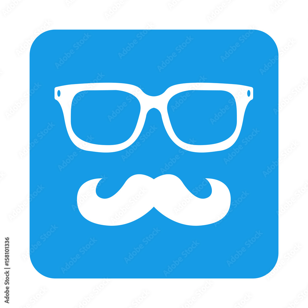 Icono plano gafas hipster y bigote en cuadrado azul Icono plano gafas hipster y bigote en cuadrado azul