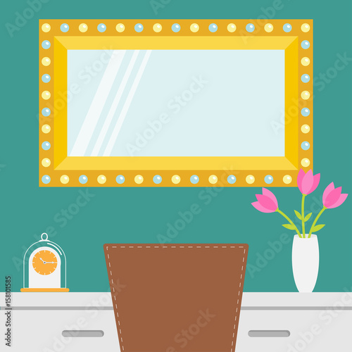 Golden retro makeup mirror with electric light bulb. Shining lamp. Table, chair, vase with flower, clock. Decoration interior element template. Flat design. White background. Isolated