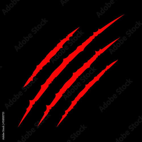 Red bloody claws animal scratch scrape track. Cat tiger scratches paw. Four nails trace. Funny design element. Flat design. Black background. Isolated.