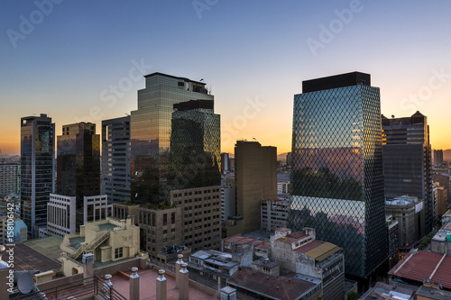 Modern buildings in the downtown of the city of Santiago de Chile at sunset, in Chile, South America